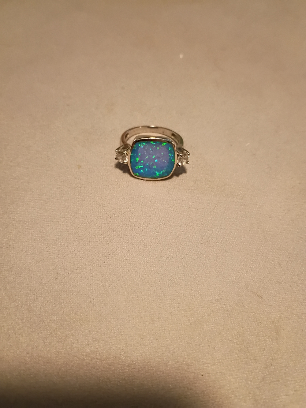 Blue Opal Cushion Ring with Side Stones - Women Jewelry Sterling Silver